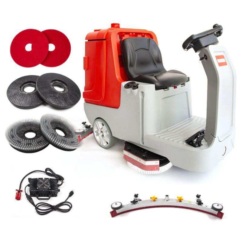 Industrial SM860 34" ride-on floor scrubber with cleaning pads and accessories for heavy-duty cleaning.