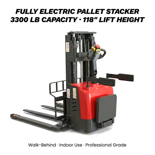 PS3300FEAS-3M Fully Electric Pallet Stacker β 3300 lb Capacity, 118β Lift Height, Adjustable Straddle Legs, Walk-Behind Warehouse Stacker