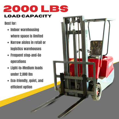 TF2000-8F 3-wheel Electric Forklift, Up to 2000 lbs Load Capacity, 78" Lifting Height