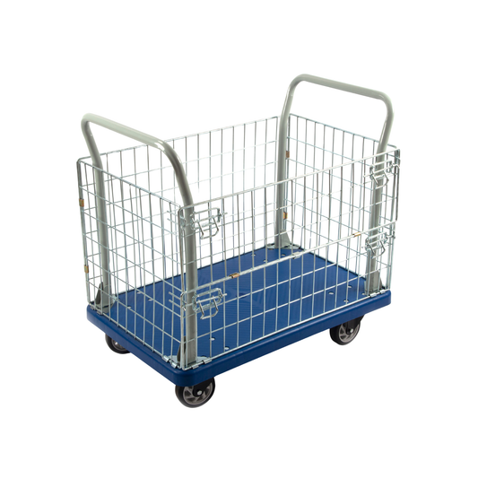 PH300PL Fence Platform Truck – 660 lb Capacity Warehouse Cart with Steel Fence, 5” Casters, Manual Material Handling