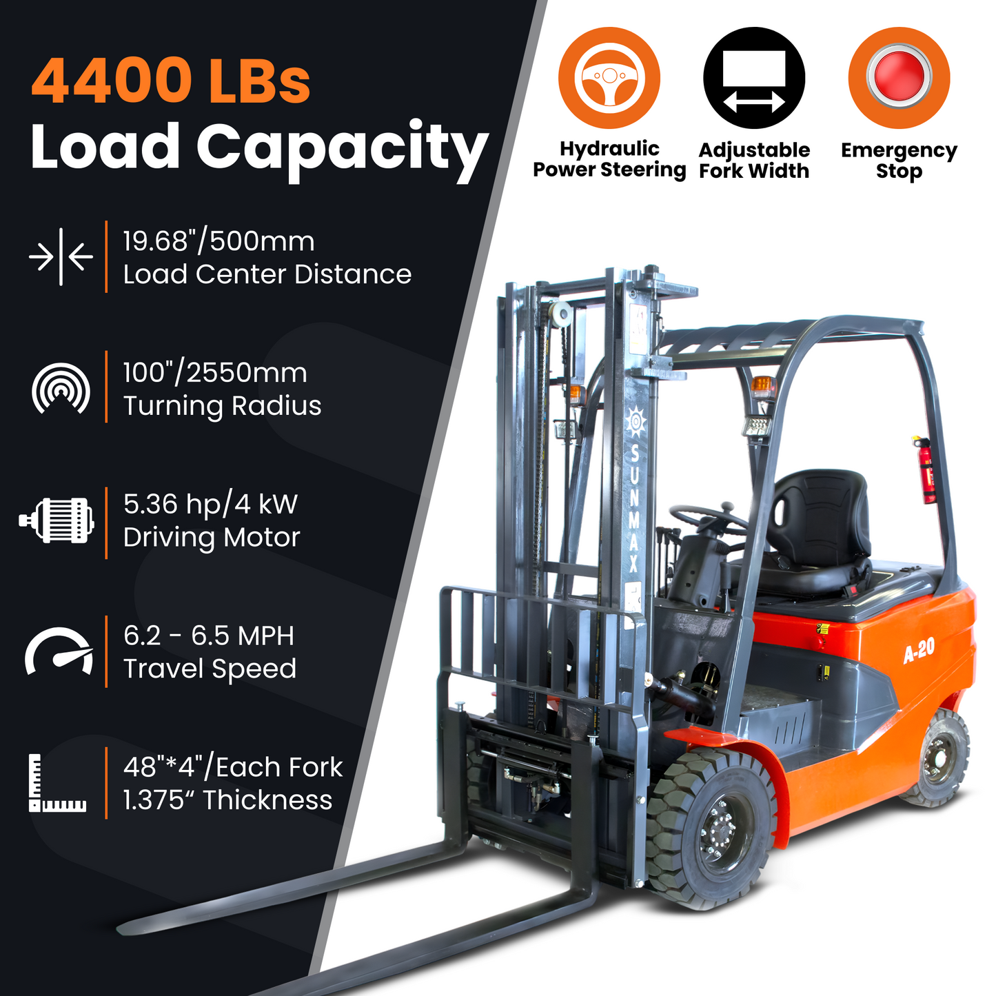 A-20 Electric Forklift – 4400 Lbs Load Capacity, 118" Lift Height, Compact & Efficient Design for Industrial Use