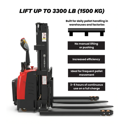 PS3300FEAS-3M Fully Electric Pallet Stacker – 3300 lb Capacity, 118” Lift Height, Adjustable Straddle Legs, Walk-Behind Warehouse Stacker