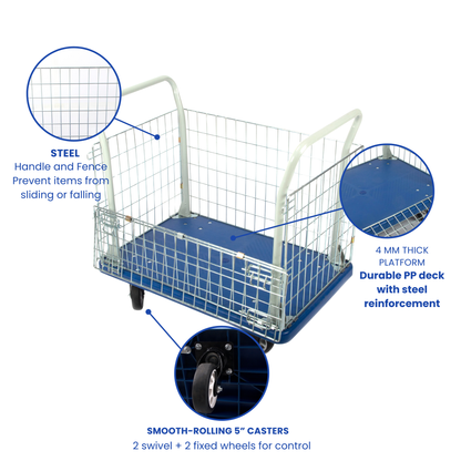 PH300PL Fence Platform Truck – 660 lb Capacity Warehouse Cart with Steel Fence, 5” Casters, Manual Material Handling
