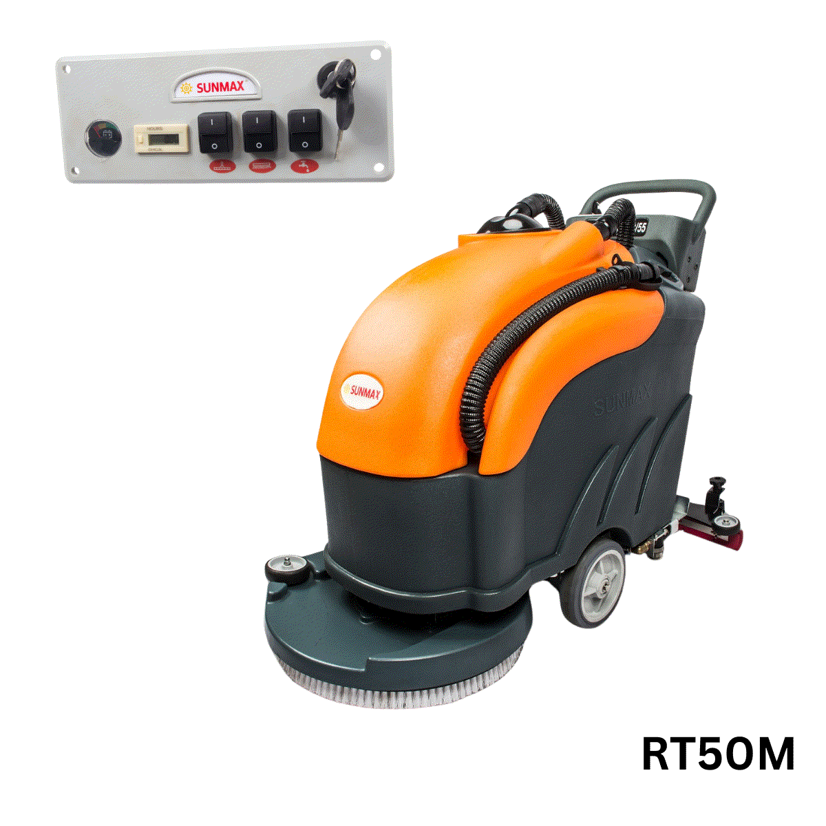 Battery-powered SUNMAX RT50 walk behind floor scrubber with 22-inch cleaning path and large recovery tank for commercial floor cleaning