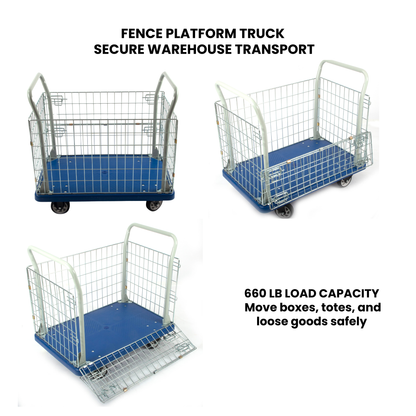 PH300PL Fence Platform Truck – 660 lb Capacity Warehouse Cart with Steel Fence, 5” Casters, Manual Material Handling