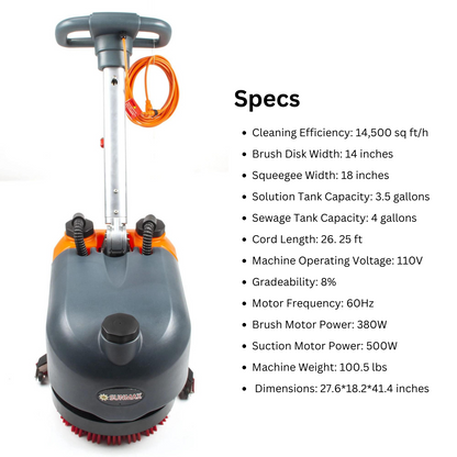 RT15AC 14“ Walk Behind Floor Scrubber Machine for Industrial Commercial Use, 26 ft Cord Offers Uninterrupted Power Supply
