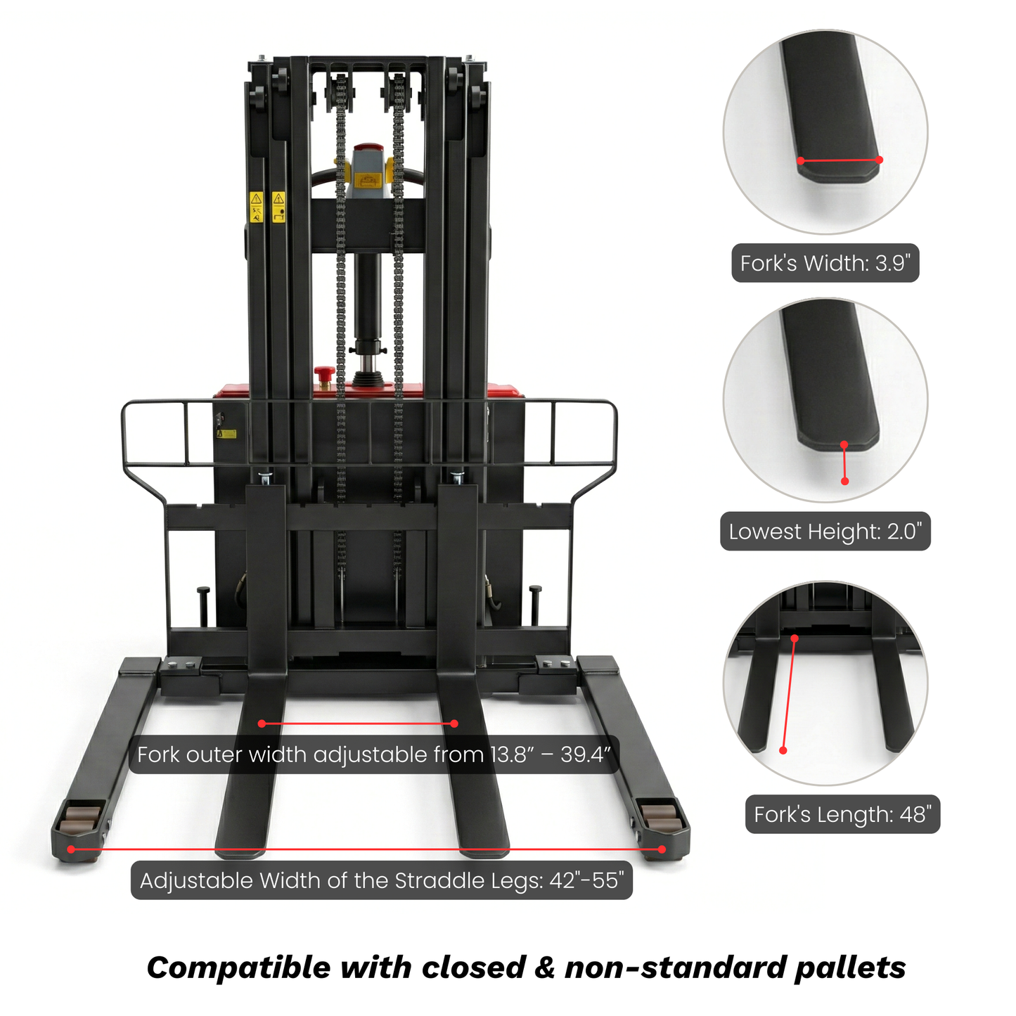 PS3300FEAS-3M Fully Electric Pallet Stacker – 3300 lb Capacity, 118” Lift Height, Adjustable Straddle Legs, Walk-Behind Warehouse Stacker