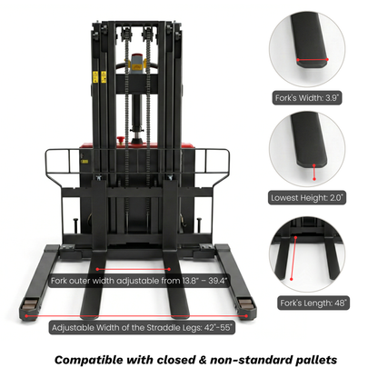 PS3300FEAS-3M Fully Electric Pallet Stacker – 3300 lb Capacity, 118” Lift Height, Adjustable Straddle Legs, Walk-Behind Warehouse Stacker