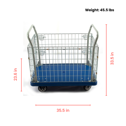 PH300PL Fence Platform Truck – 660 lb Capacity Warehouse Cart with Steel Fence, 5” Casters, Manual Material Handling