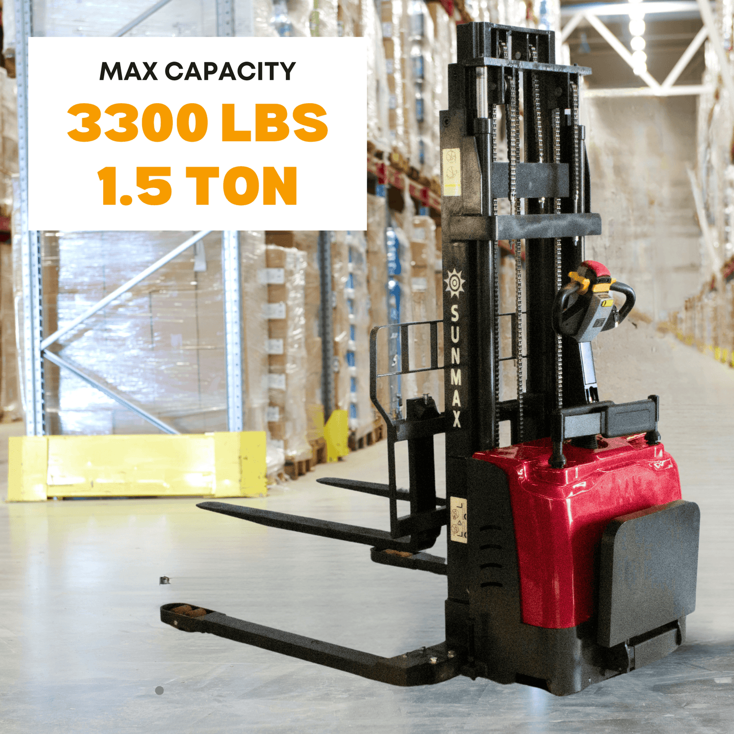 PS3300FE-4M Full Electric Pallet Stacker – 3300 lbs Capacity, 157" Lift Height, Adjustable Legs