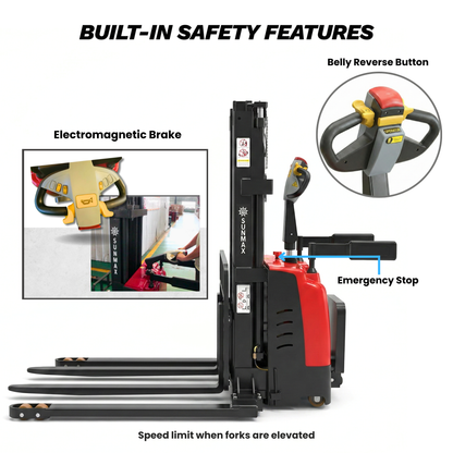 PS3300FEAS-3M Fully Electric Pallet Stacker – 3300 lb Capacity, 118” Lift Height, Adjustable Straddle Legs, Walk-Behind Warehouse Stacker