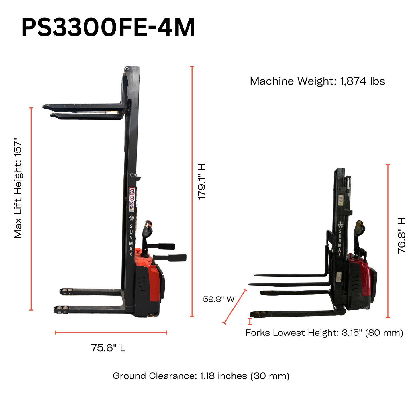 PS3300FE-4M Full Electric Pallet Stacker – 3300 lbs Capacity, 157" Lift Height, Adjustable Legs