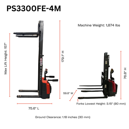 PS3300FE-4M Full Electric Pallet Stacker – 3300 lbs Capacity, 157" Lift Height, Adjustable Legs