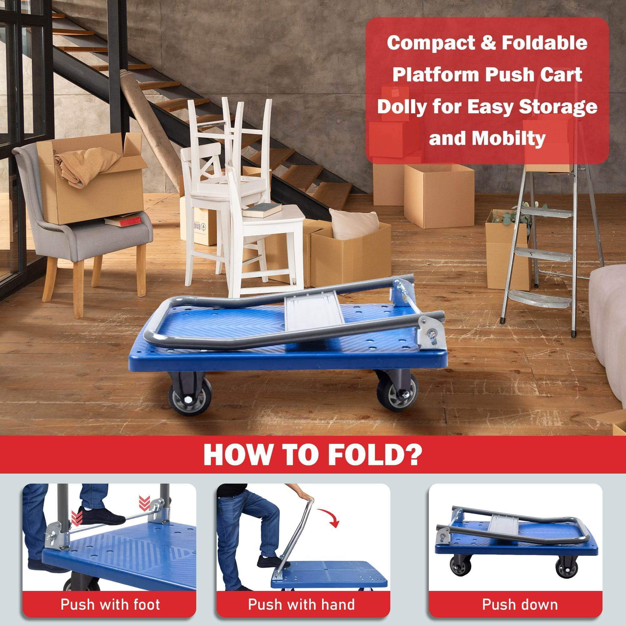Carrello Pieghevole Wellmax Push Cart Dolly, Piattaforma Portante 150kg, Ruote Girevoli 360°, Colore Rosso