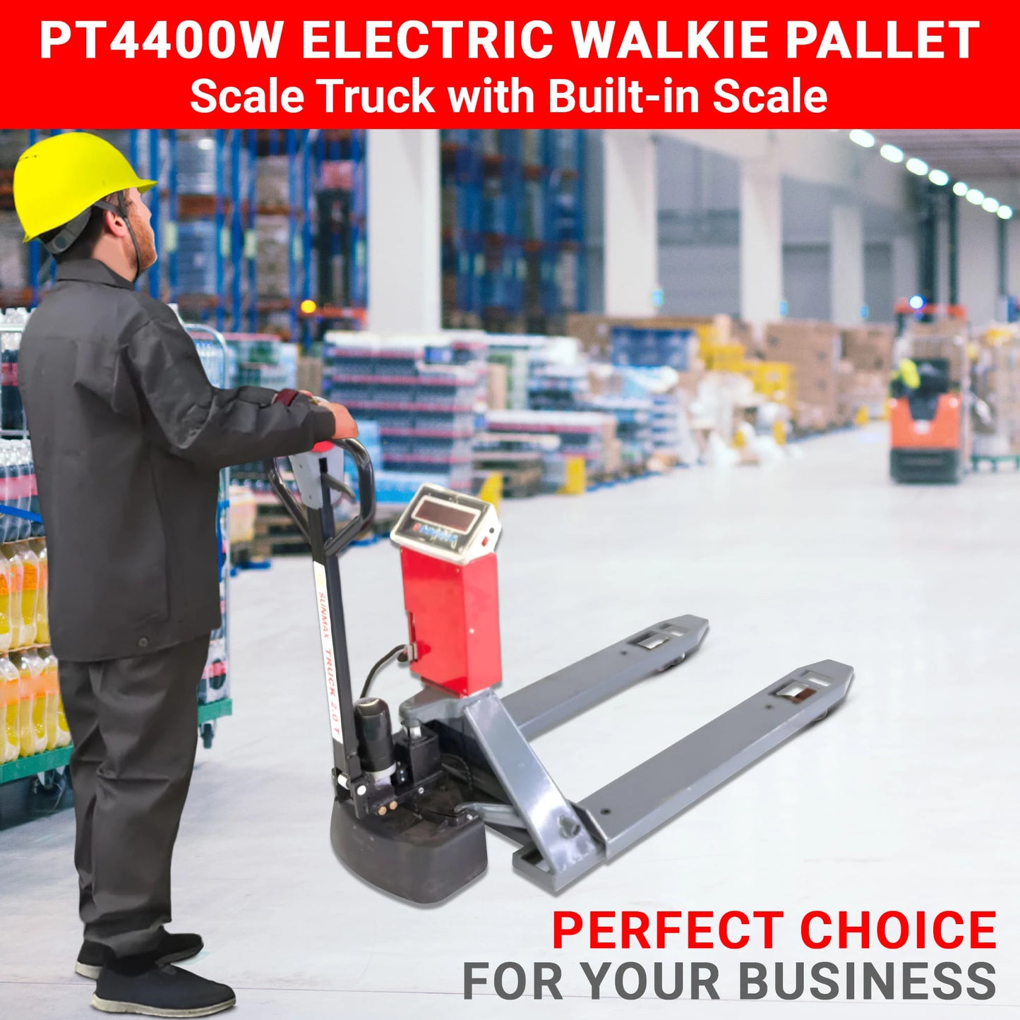 PT4400W Electric Walkie Pallet Scale Truck with Built-in Scale, 4400 lbs Capacity, 27" Width, Electric Brake