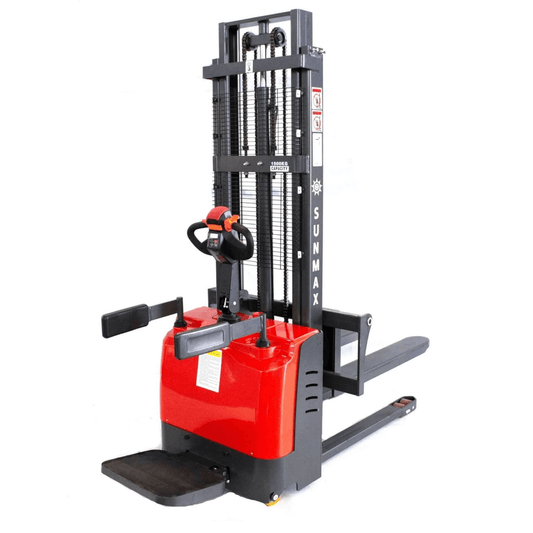 SUNMAX PS3300FE-3M electric pallet stacker with 3300 lbs capacity, 118-inch lift height, open-bottom pallet compatible, red and black design