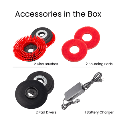 Accessories for SM430 Automatic Floor Scrubber including 2 disc brushes, 2 sourcing pads, 2 pad divers, and 1 battery charger