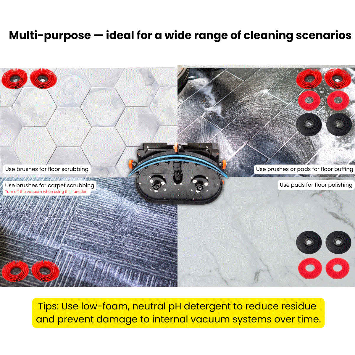 Automatic floor scrubber machine with 17-inch rotating head and interchangeable brushes for carpet, floor scrubbing, buffing, and polishing tasks.