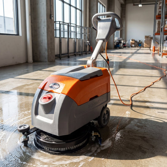 Close-up of RT35AC floor scrubber's 17-inch brush in action on a polished commercial hard floor, highlighting textured bristles and wet surface.