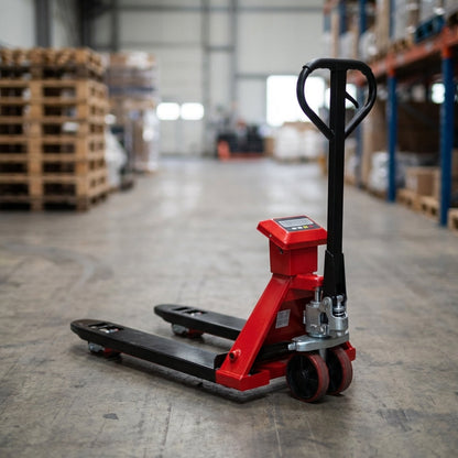 Close-up of HD4400W pallet jack with integrated digital scale, showing micro-textures of wheels and display against warehouse background.