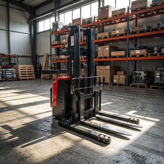 Close-up of fully electric pallet stacker in an industrial warehouse with high ceilings and large windows, emphasizing polished steel forks.