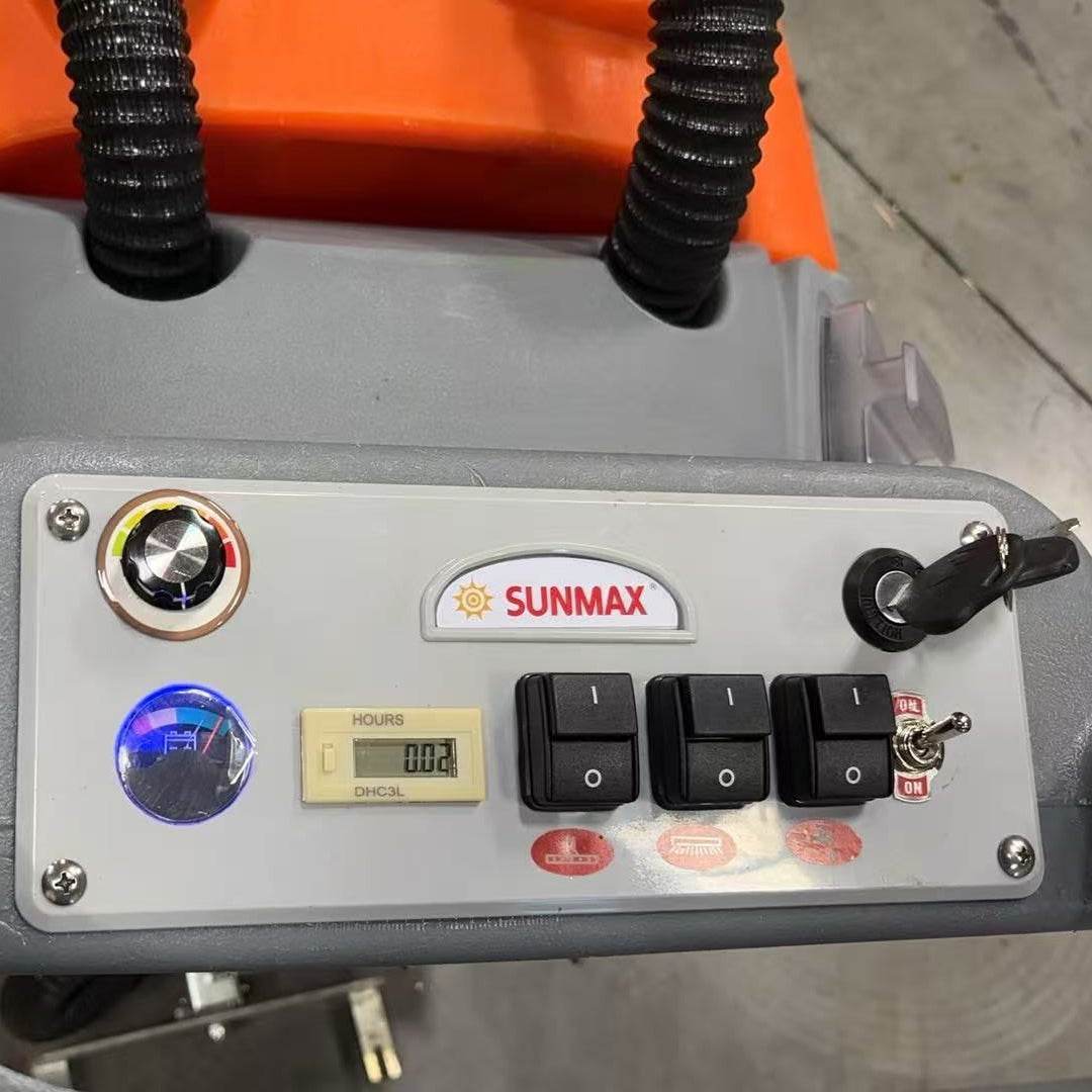 Control panel of RT50 battery powered walk-behind floor scrubber with hour meter and switches