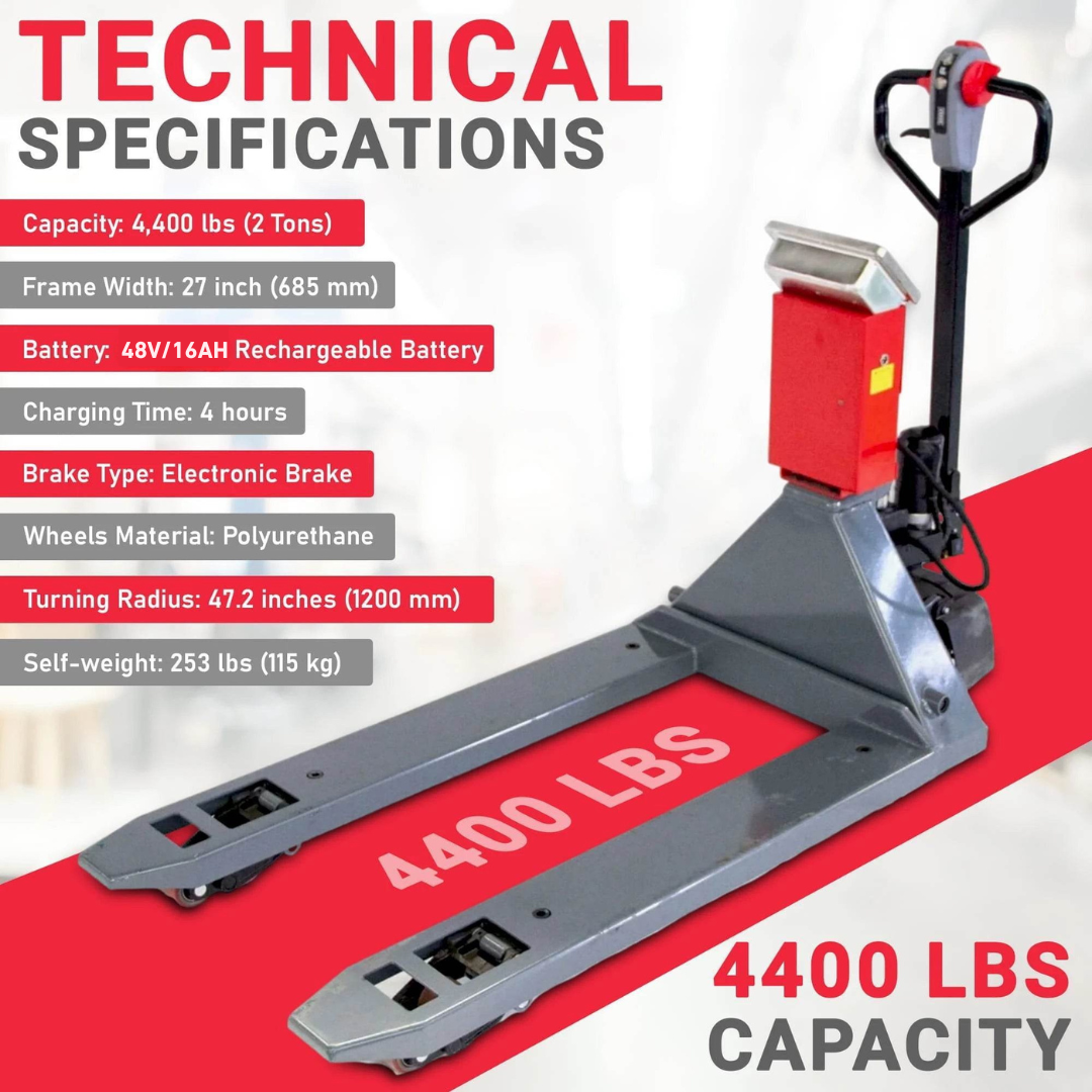 PT4400W Electric Walkie Pallet Truck with Built-in Scale, 4400 lbs Capacity, 45" x 27" Fork Size, Electric Brake