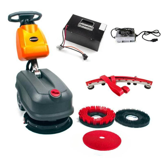 Compact orange and gray walk behind floor scrubber with 14-inch brushes and lithium battery, including charger and multiple brush attachments for heavy-duty cleaning