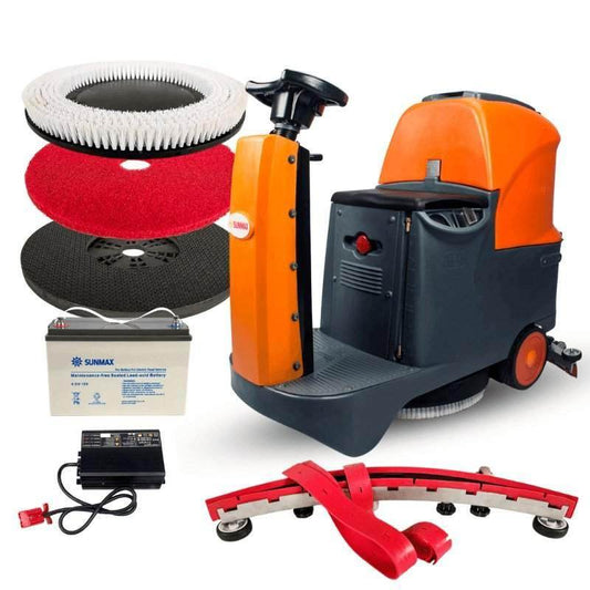 Orange and black RT70 ride on floor scrubber machine with 22-inch brush, battery, charger, cleaning pads, and squeegee assembly for commercial cleaning