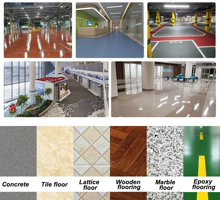 Automatic floor scrubber cleaning various floor types including concrete, tile, wood, marble, and epoxy in commercial spaces