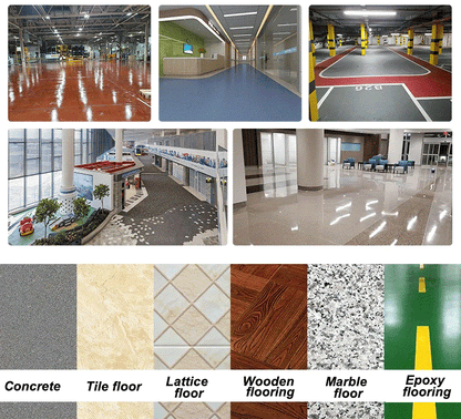 Automatic floor scrubber cleaning various floor types including concrete, tile, wood, marble, and epoxy in commercial spaces