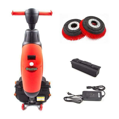 SM430 17 inch cordless automatic floor scrubber with dual rotary brushes, rechargeable lithium battery, and accessories.